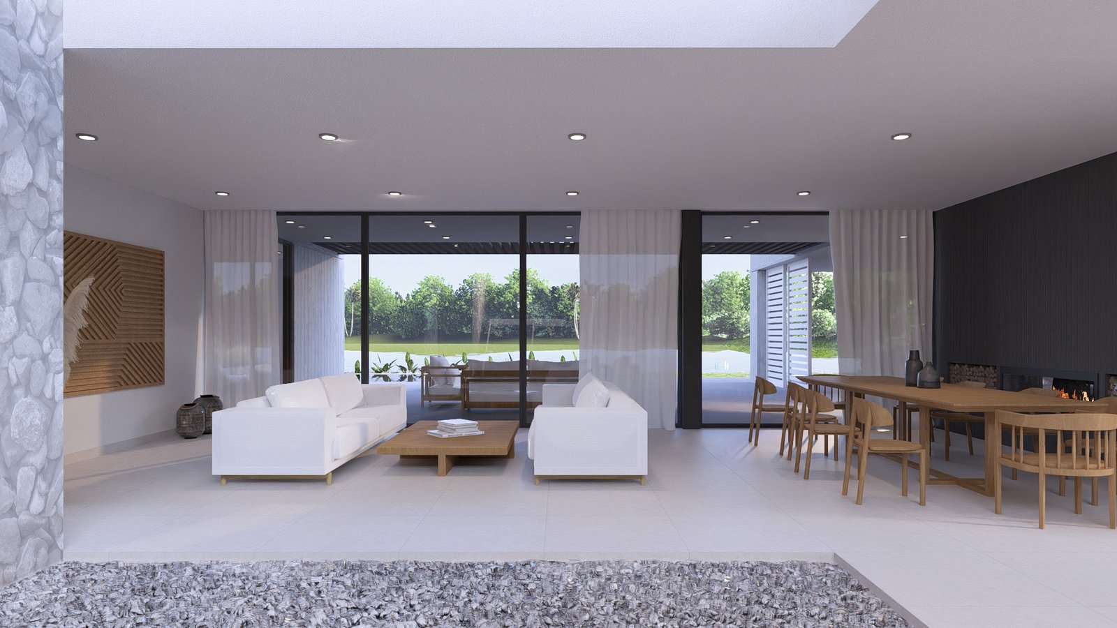 Sala de estar e jantar moderna com vista para lago e janelas amplas — projeto Casa BF, por Hermann Arquitectos, em Nordelta